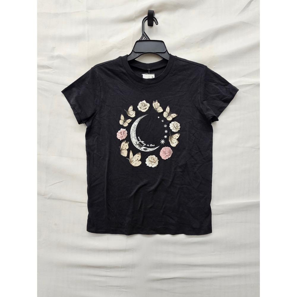 Doe Womens Graphic T-Shirt Black Cotton Everything In Time Casual Size XXS